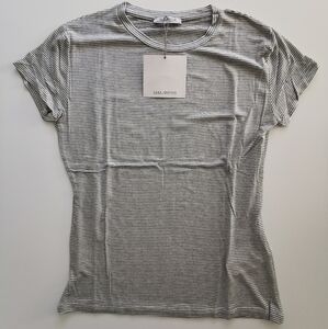 Zara White Striped Crew Neck T-shirt